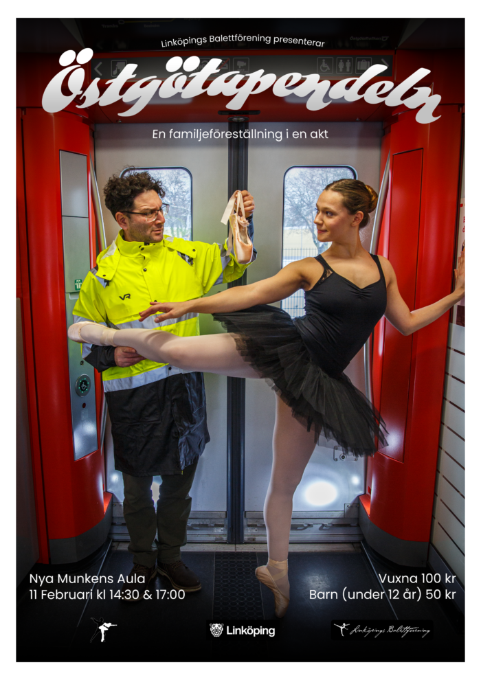 Ballerina och järnvägsarbetare framför dörrarna i en tågvagn