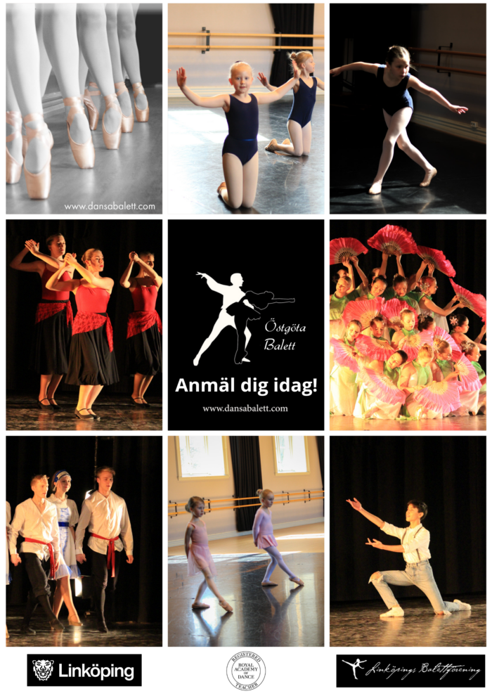 Affisch med olika bilder av dansande barn och unga, med uppmaning om att anmäla sig till balettkurser.
